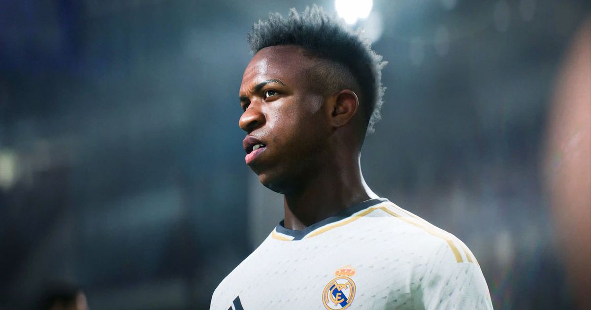 Close-up of Vinícius Júnior wearing his white Real Madrid kit in EA FC 24.