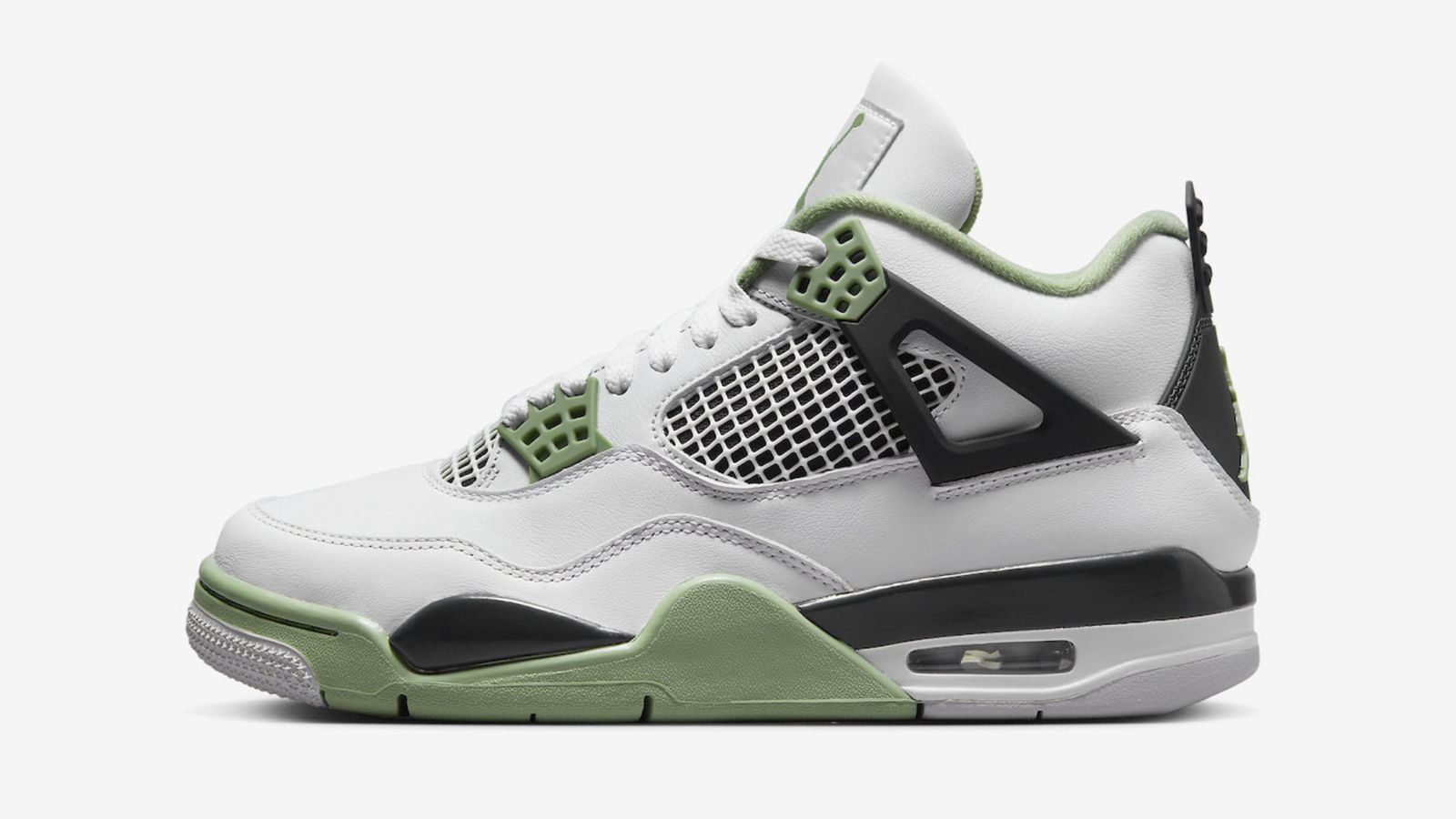 Air Jordan 4 "Seafoam" product image of a white leather sneaker featuring black and seafoam green details.