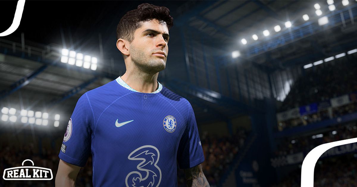 In-game FIFA 23 image of Pulisic close-up wearing a blue Chelsea kit featuring 3 as the sponsor.