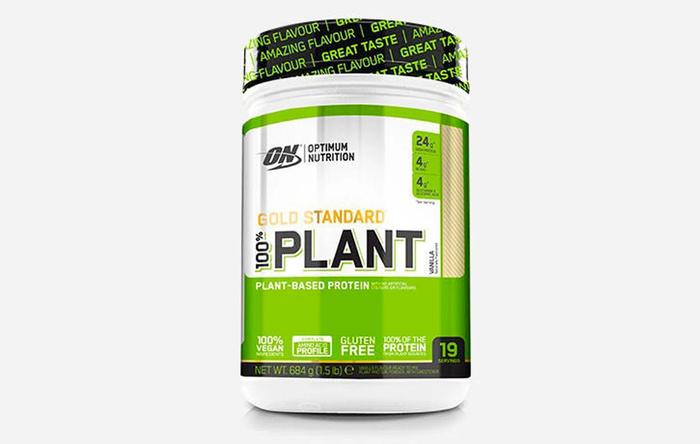 Best vegan protein powder Optimum Nutrition product image of white, green, and black container.