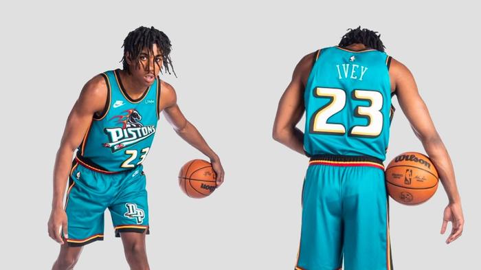 Detroit Pistons Classic Edition Jersey product image of a teal sleeveless uniform with orange and white accents.