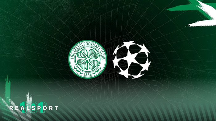 Celtic badge and Champions League logo on green background