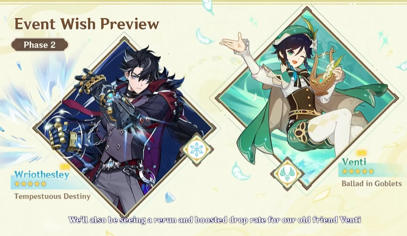 A screenshot of Version 4.1 Phase 2 banners, Wriothesley and Venti, from the Genshin Impact 4.1 Livestream.