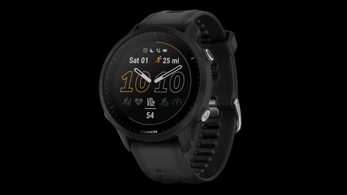 Best running watch Garmin product image of a black watch with orange and white digital time information on the display.