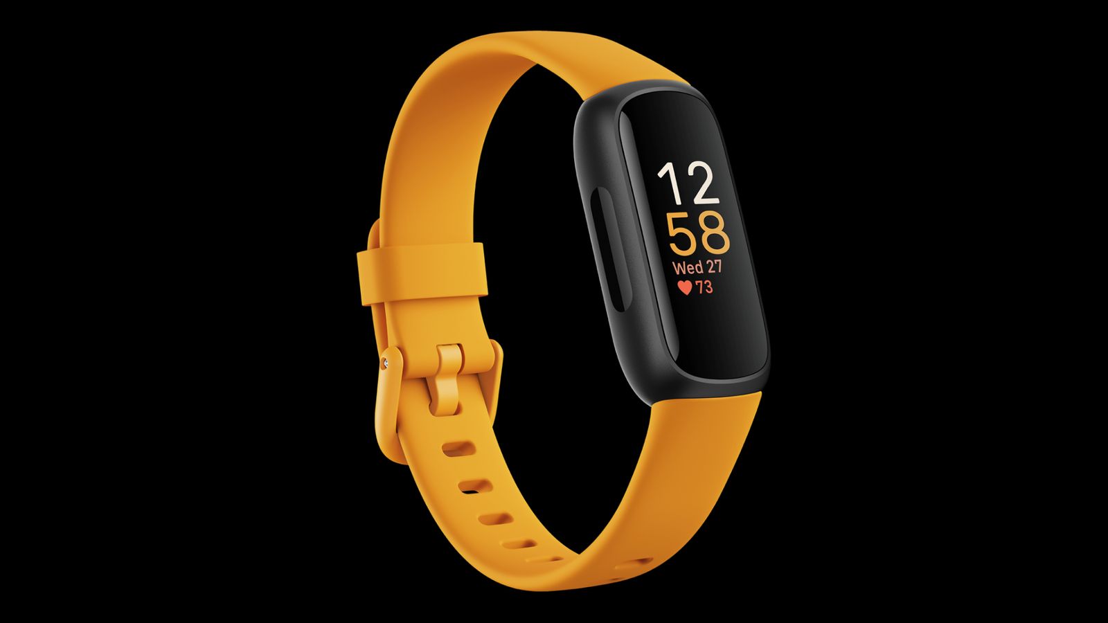 Fitbit Inspire 3 product image of a black fitness tracker with an orange band featuring 12:58 in white and orange on the display.