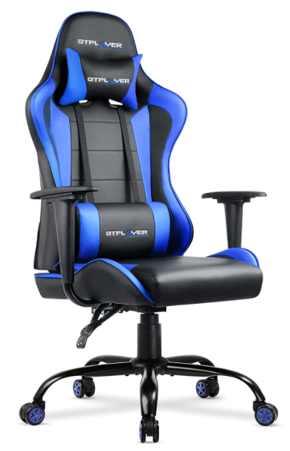Everything you need for NBA 2K22 GTPLAYER product image of a blue and black, racing seat gaming chair.