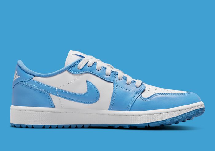Air Jordan 1 Low Golf "University Blue" product image of a white sneaker with light blue overlays.