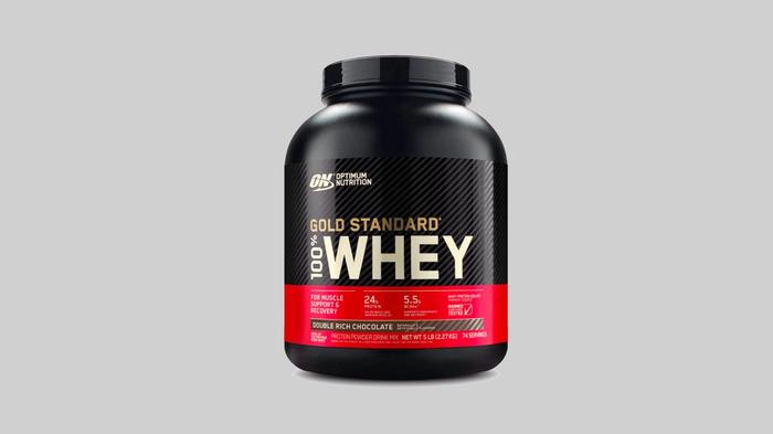 Black and red container for Optimum Nutrition's Gold Standard Whey.