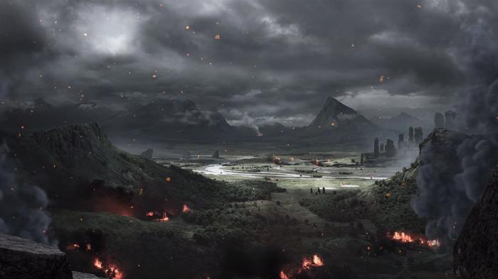 A battlefield from the Avowed reveal trailer. Wide shot with lots of fire and smoke in the distance.