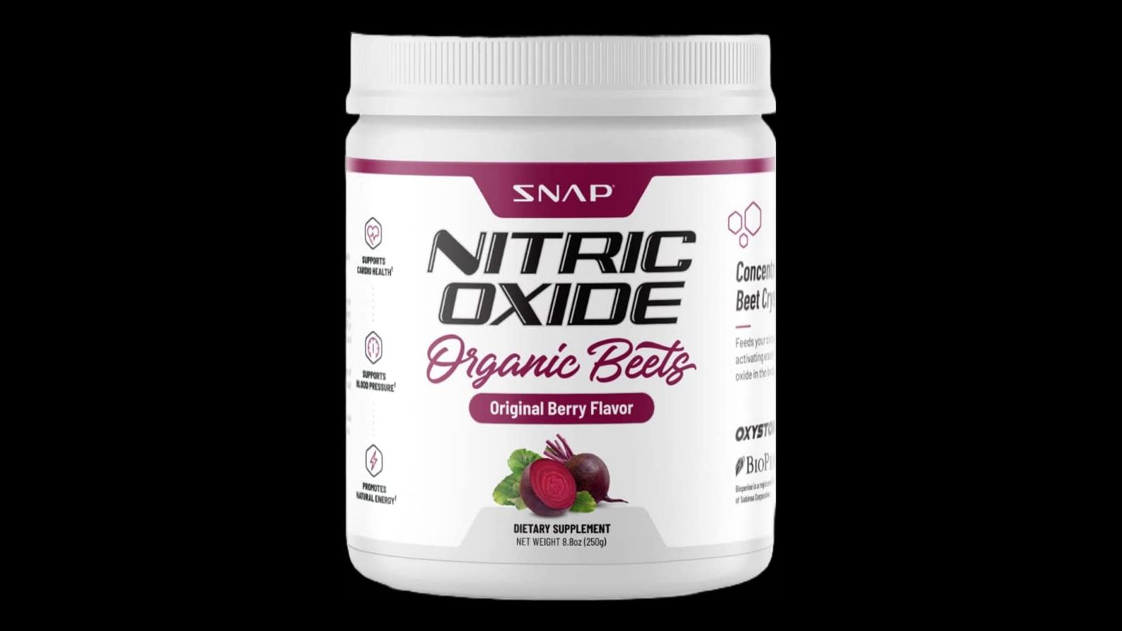 Snap Supplements Nitric Oxide Booster product image of a white container with purple and black branding with a graphic of a cut open beet on the label.