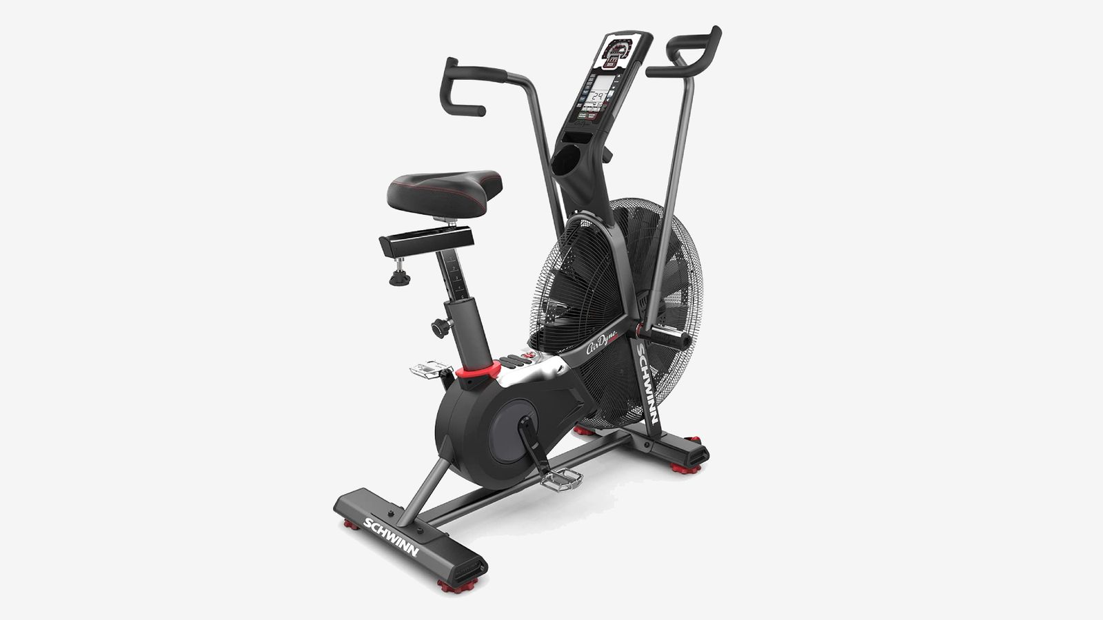 Schwinn Fitness AD7 Airdyne product image of a black framed bike with red details.