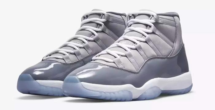 Best Air Jordan 11 colorways "Cool Grey" product image of a grey pair of sneakers with a white and ice-blue sole.