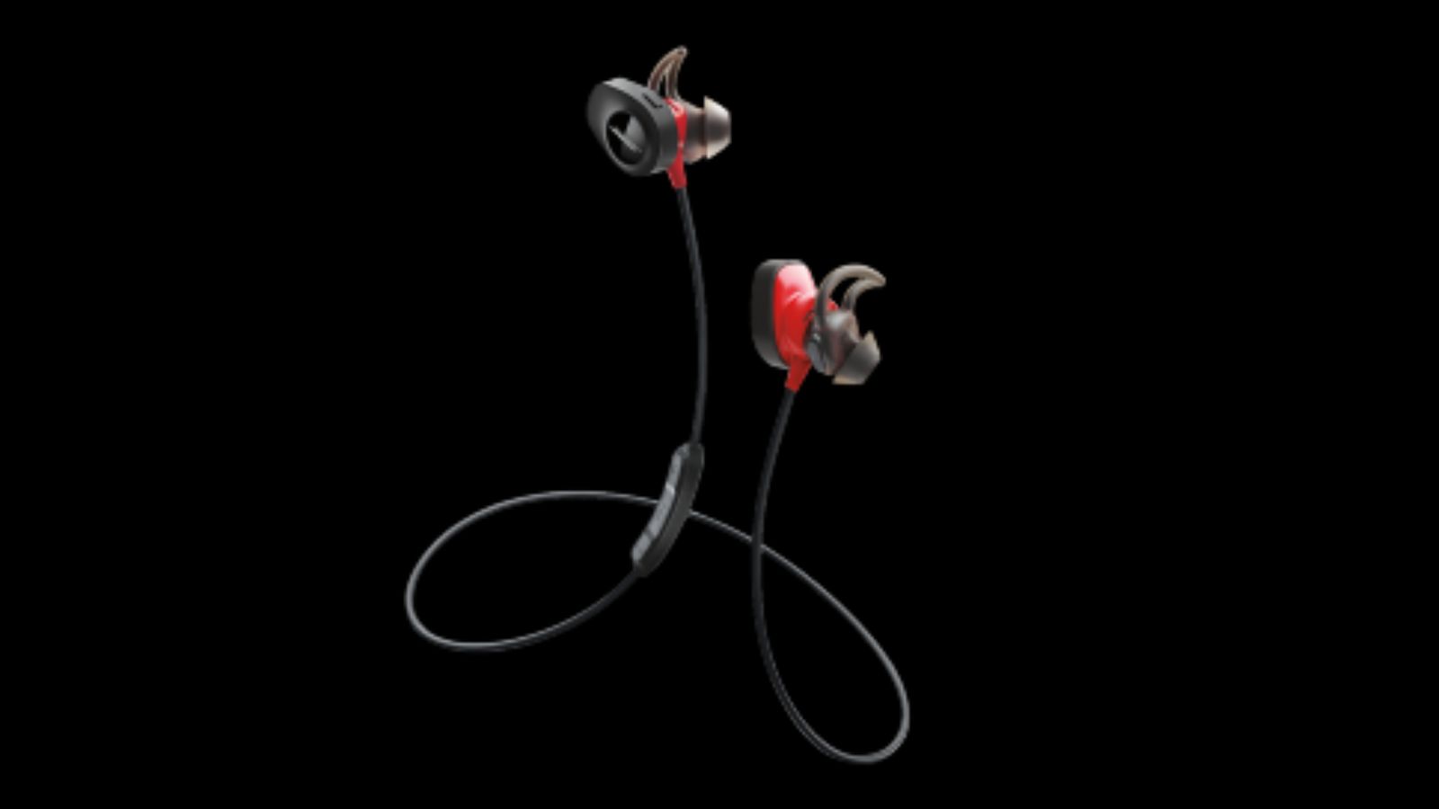 Bose SoundSport product image of a pair of black and red headphones with a cable to wrap around your neck
