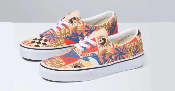 Best Vans shoes Era product image of a pair of bright blue, orange, and yellow sneakers with an abstract positive pattern.