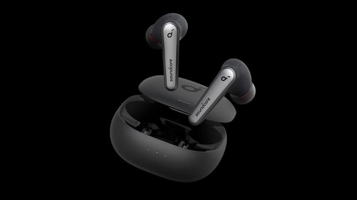 Best running headphones under 100 Anker product image of a pair of black earbuds with the charging case.