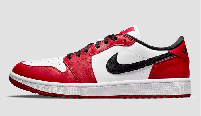Air Jordan 1 Low Golf "Chicago" product image of a red, white, and black golf shoe.