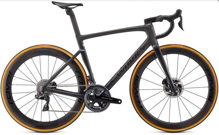 Best road bike Specialized product image of an all-black bike with orange-rimmed wheels