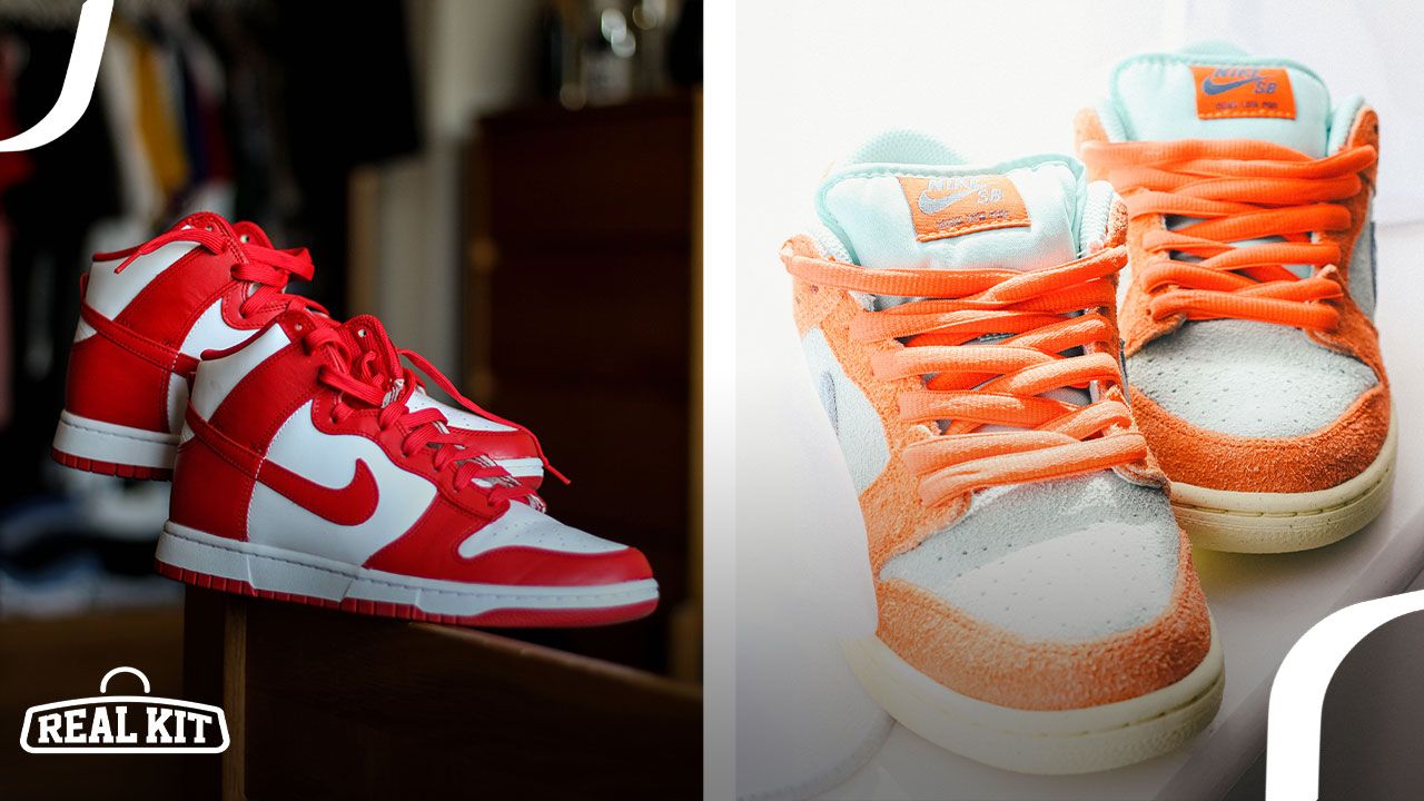 A pair of red and white leather Nike Dunk Highs on the left, while the right features a close-up of an orange and light blue pair of Nike SB Dunk Lows.