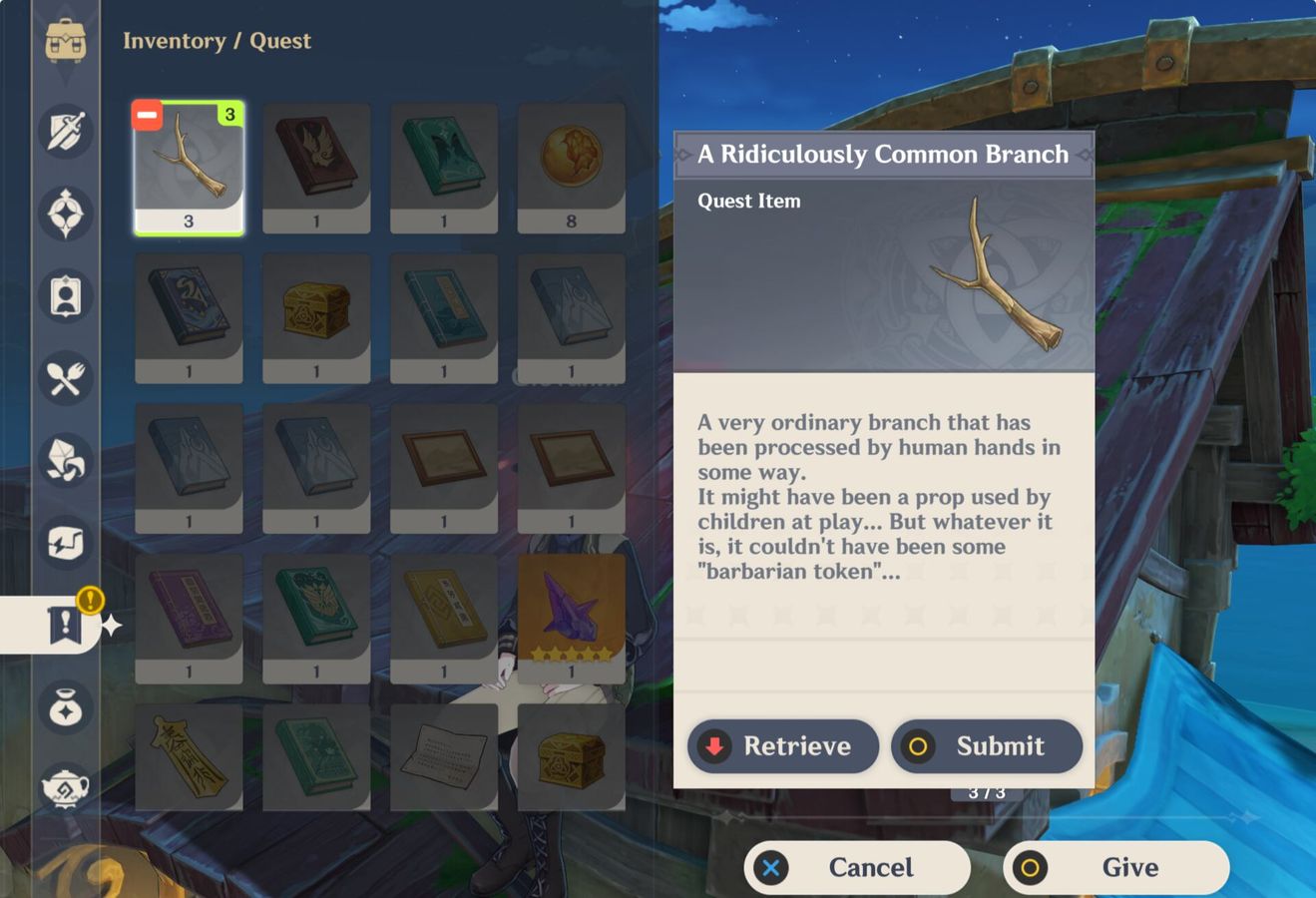 A screenshot of a Ridiculously Common Branch in the player's inventory, as the player submits them to Giovanni.
