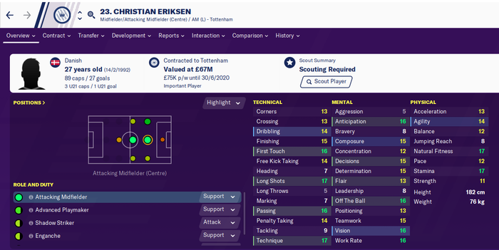 Christian Eriksen's stats page in Football Manager 2020