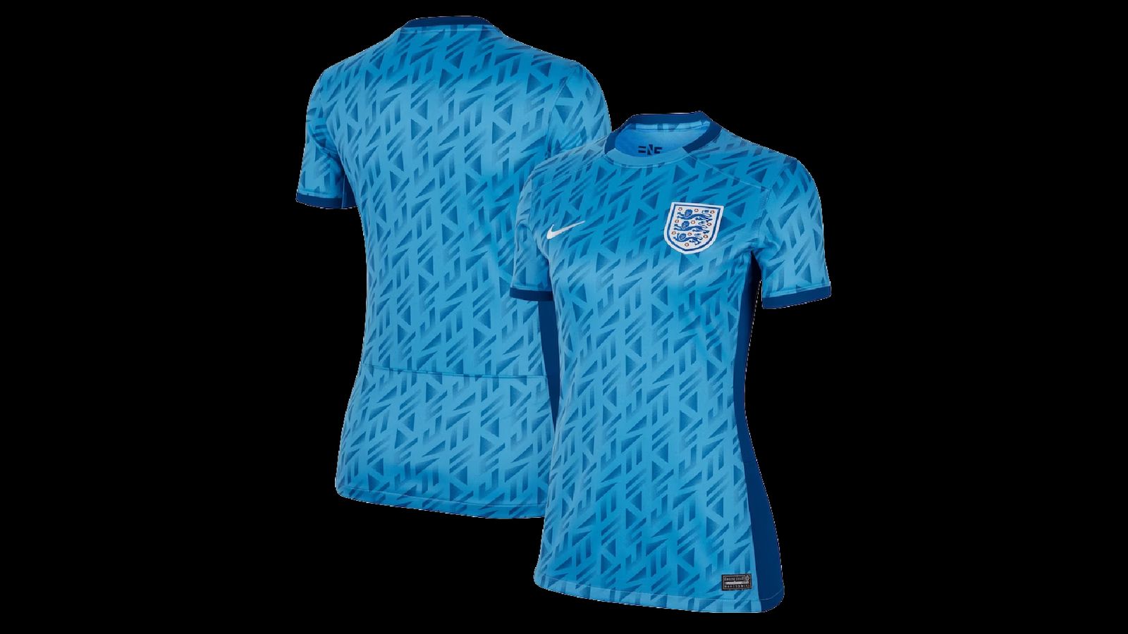 England Nike Women's Away kit product image of a light blue shirt featuring a darker blue geometric print.