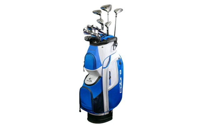 Best golf clubs Cobra Golf product image of a complete set of clubs in a white and blue bag.