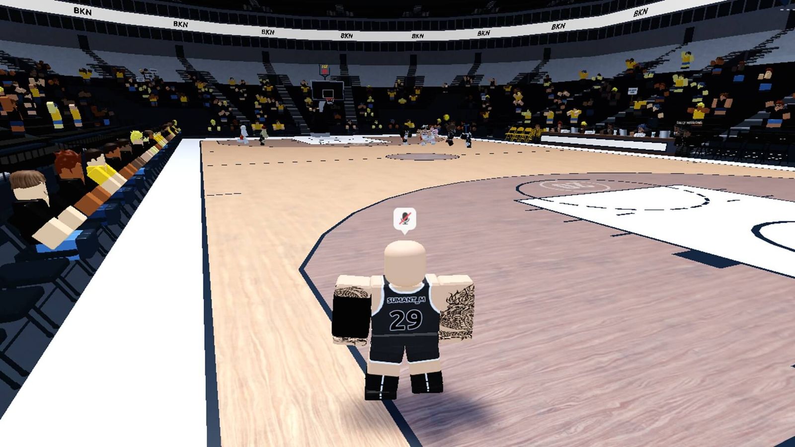 Roblox character standing on basketball court in Basketball Legends