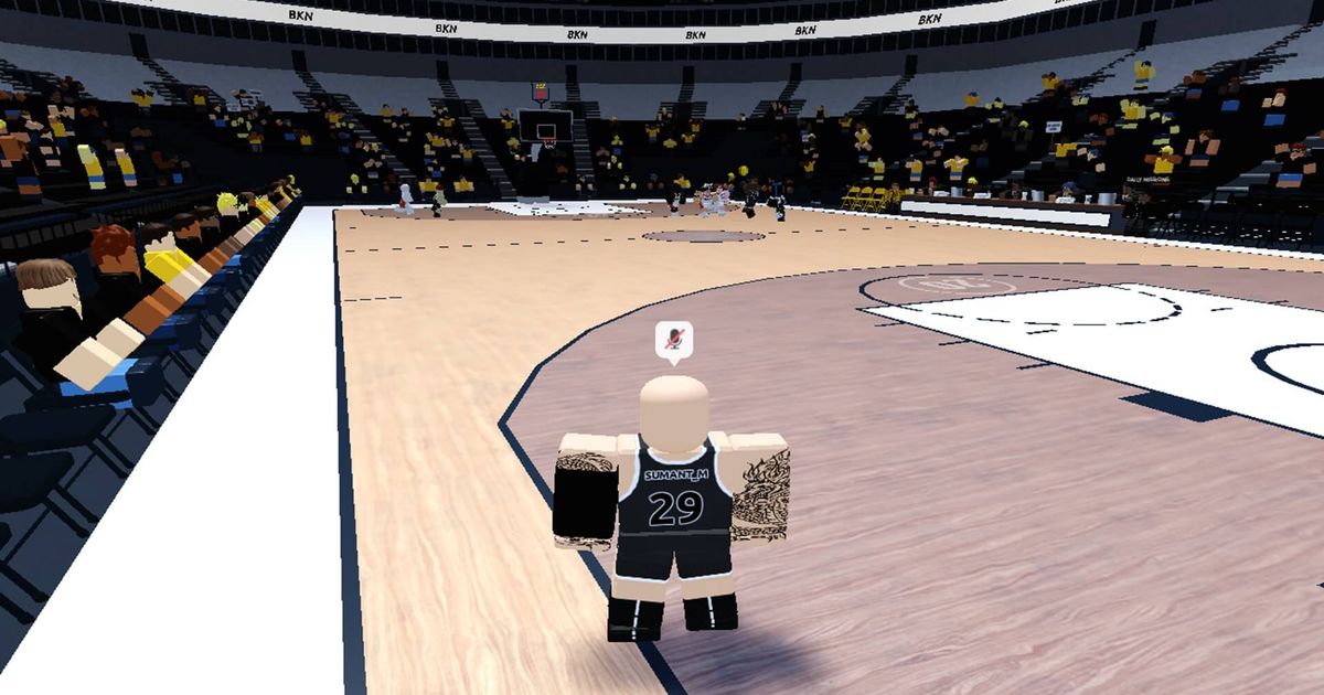 Roblox character standing on basketball court in Basketball Legends