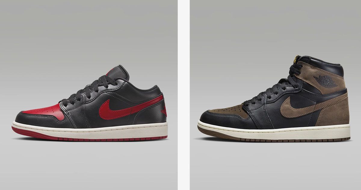 A black and red Jordan 1 Low with a white midsole on the left. On the right, a black leather and brown suede Jordan 1 High.