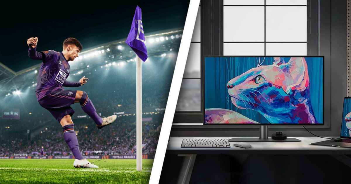 A football player in a full purple kit whipping in a corner on one side of a white line. On the other, a grey and black near-frameless BenQ monitor with a painting of a blue and pink cat on the display.