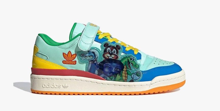 Kerwin Frost x adidas Forum Low Benchmates product image of a multi-coloured sneaker with cartoon animal graphics along the side.