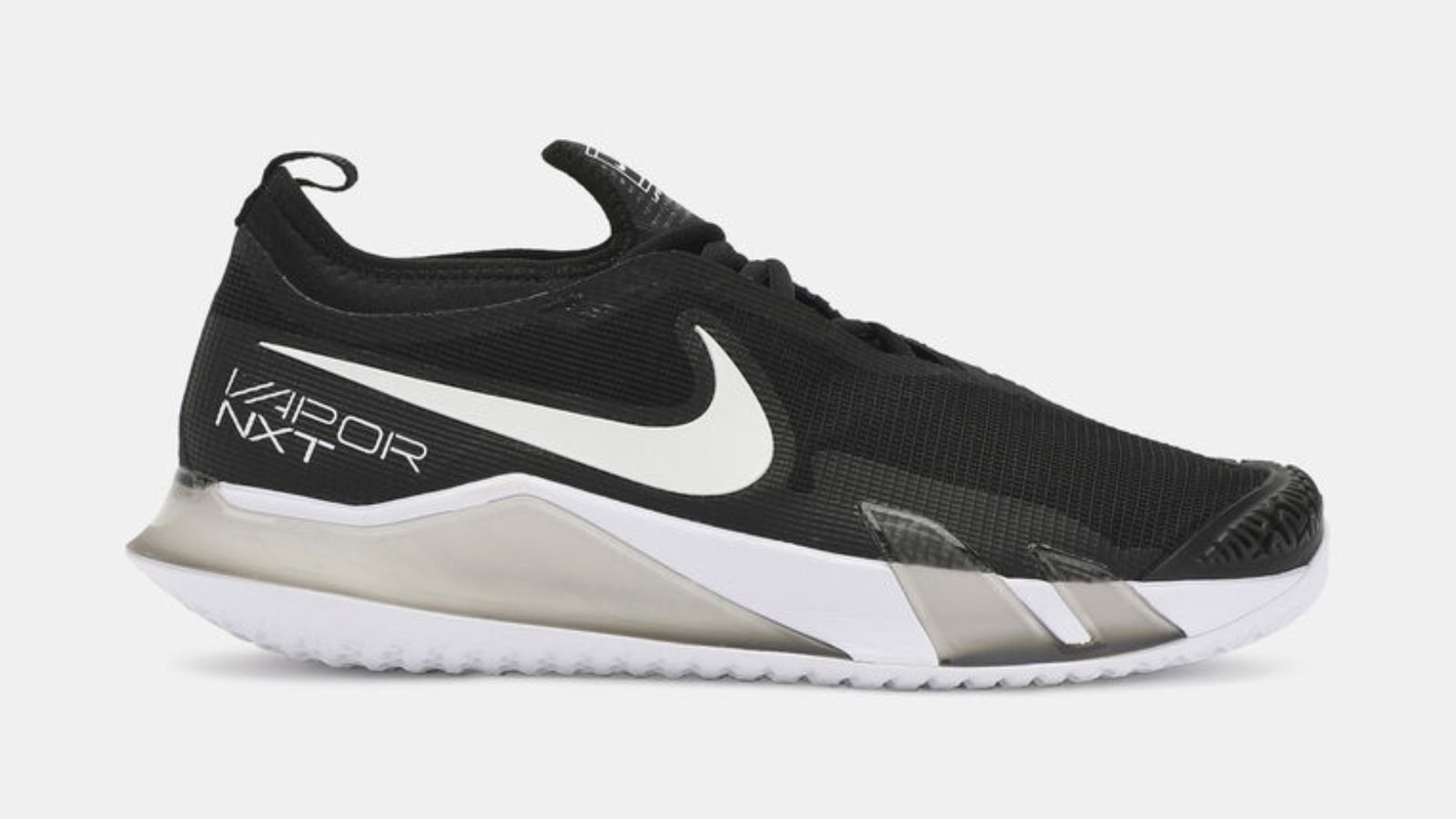 NikeCourt React Vapor NXT product image of a black tennis shoe with white branding and details.