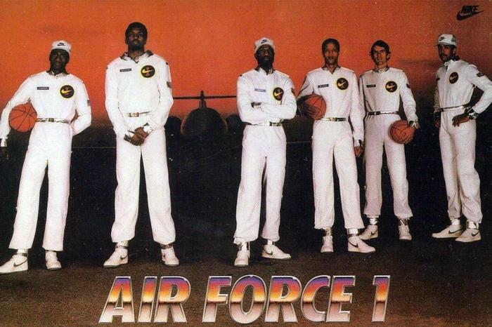 Nike Air Force 1 1982 promotion poster featuring 6 NBA stars in all-white pilot outfits.