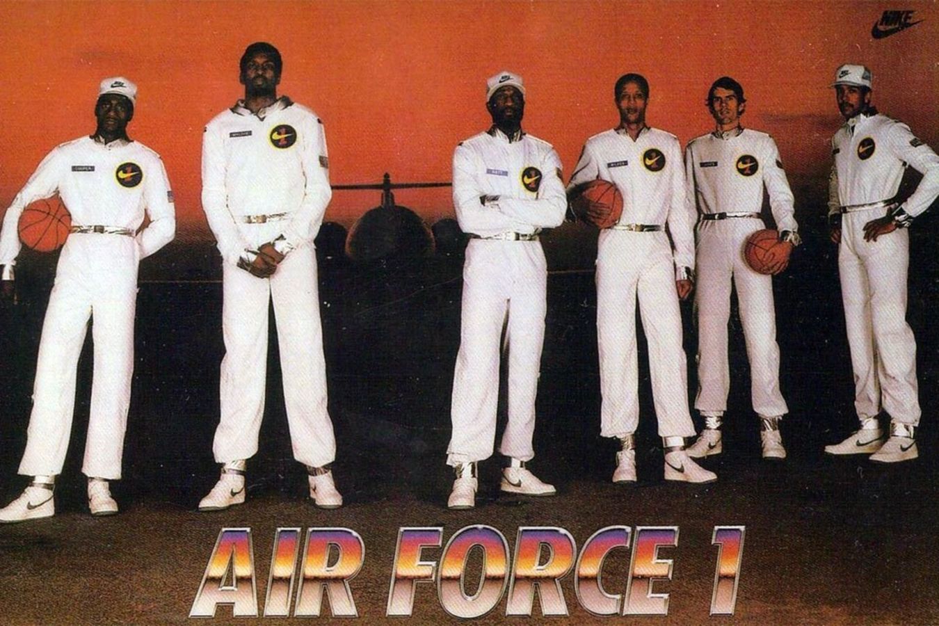 Nike Air Force 1 1983 promotion poster featuring 6 NBA stars in all-white pilot outfits.