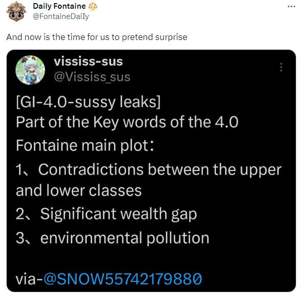 Genshin Impact Fontaine will be rife with socio-political issues, such as wealth disparity, as leaked by vississ_sus on Twitter.