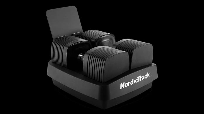Latest adjustable dumbbell news NordicTrack product image of a black set of voice-controlled dumbbells.
