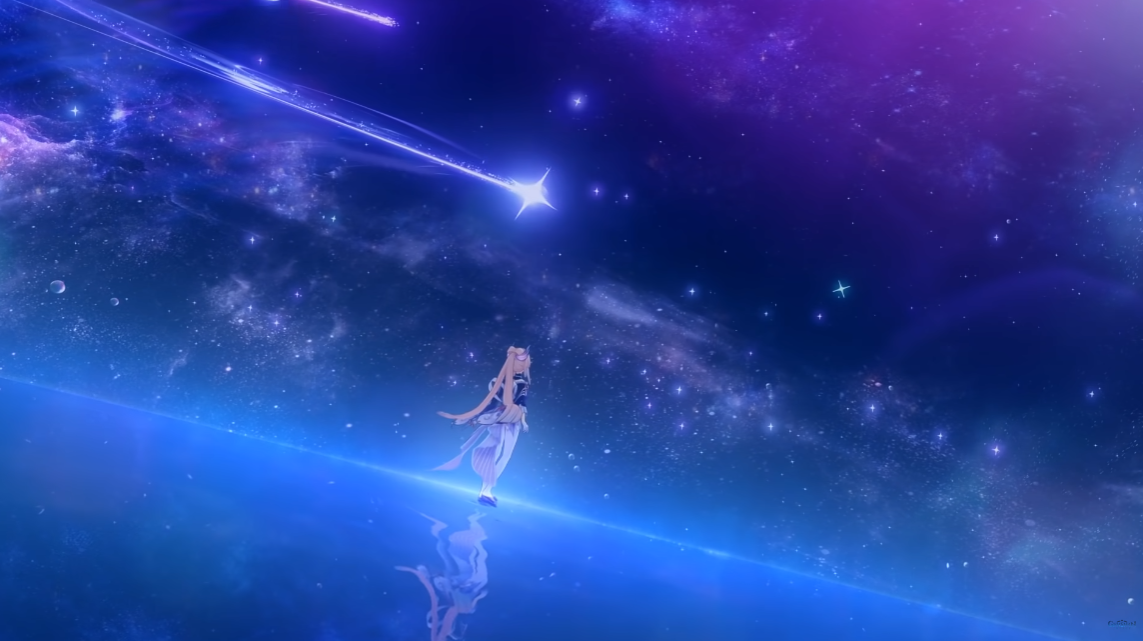A screenshot of Kokomi in her Genshin Impact character demo "Sangonomiya Kokomi: A Thousand Waves Under the Moon" 