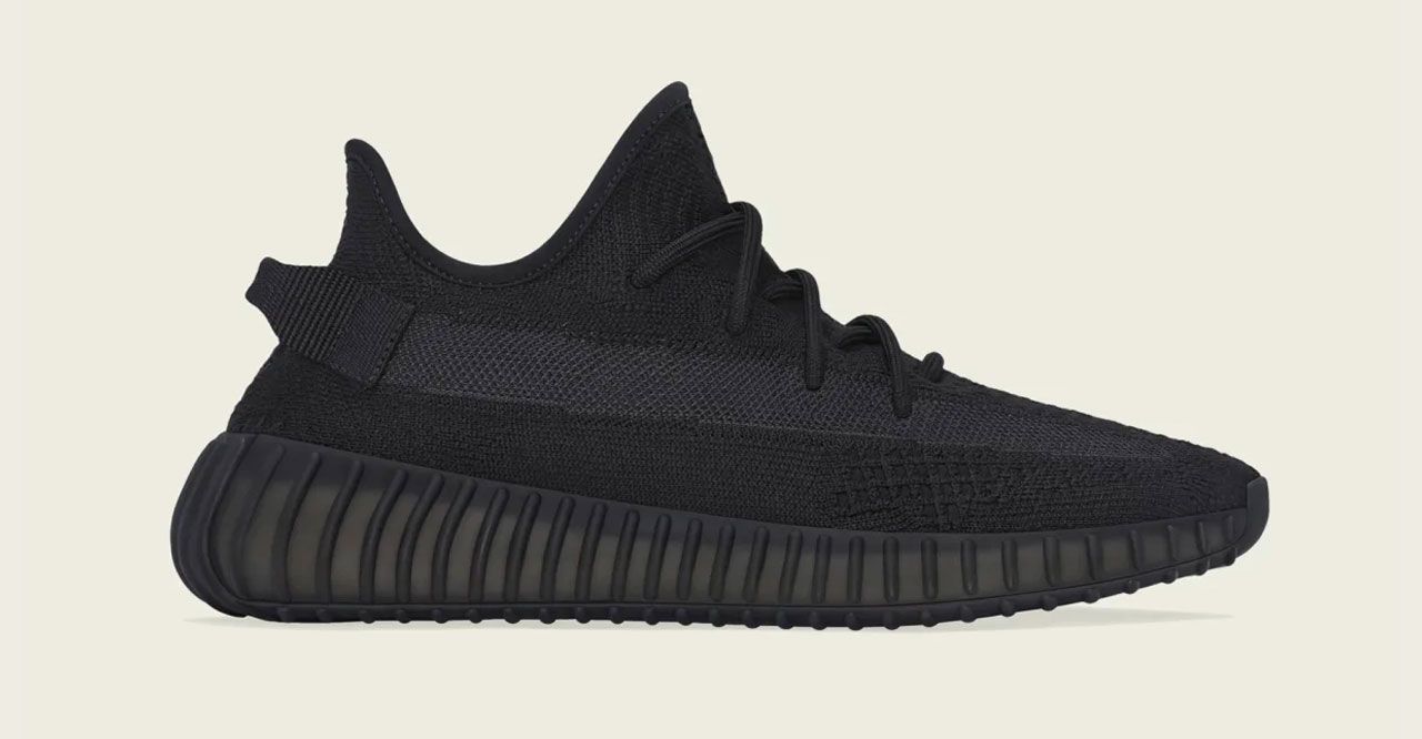 Best Yeezys 350 v2 "Onyx" product image of a black knitted sneaker.
