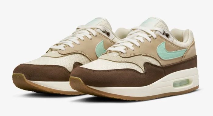 Best upcoming Air Max "Crepe Hemp" product image of a brown sneaker of various tones with blue Swooshes.