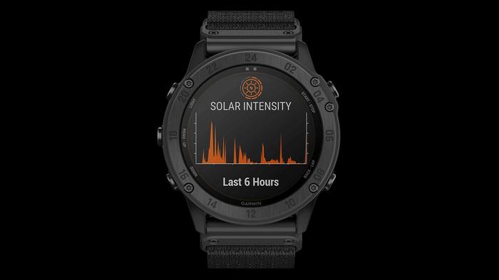 Best Garmin watch for hiking tactix Delta product image of a black smartwatch with solar intensity information in orange on the display.