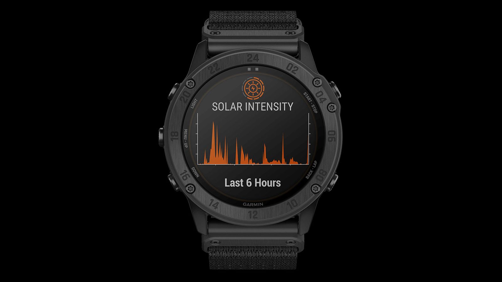 Garmin tactix Delta Solar product image of a black smartwatch with solar intensity information in orange on the display.