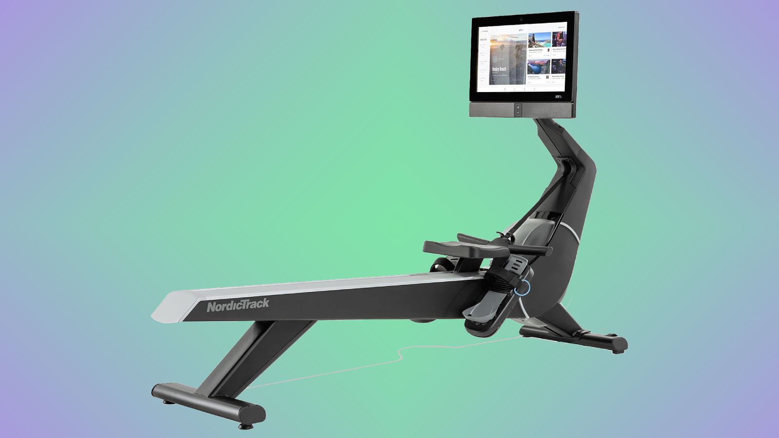 NordicTrack RW900 product image of a grey and black rowing machine with a large HD display.