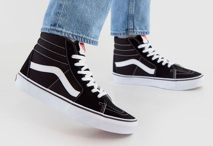 Vans product image of black and white high-top Sk8-Hi's.