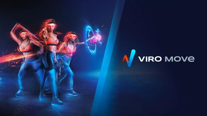Best VR fitness games Fit Reality product image of the orange and blue Viro Move logo with a woman providing the demonstration.
