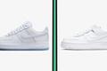 A white Air Force 1 Low with a blue outsole on one side. On the other, an all-white Air Force 1 Shadow Low.