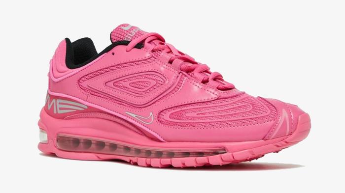 Best Nike collabs - Supreme x Nike Air Max 98 TL "Pinksicle" product image of a pin sneaker with metallic silver Supreme branding.