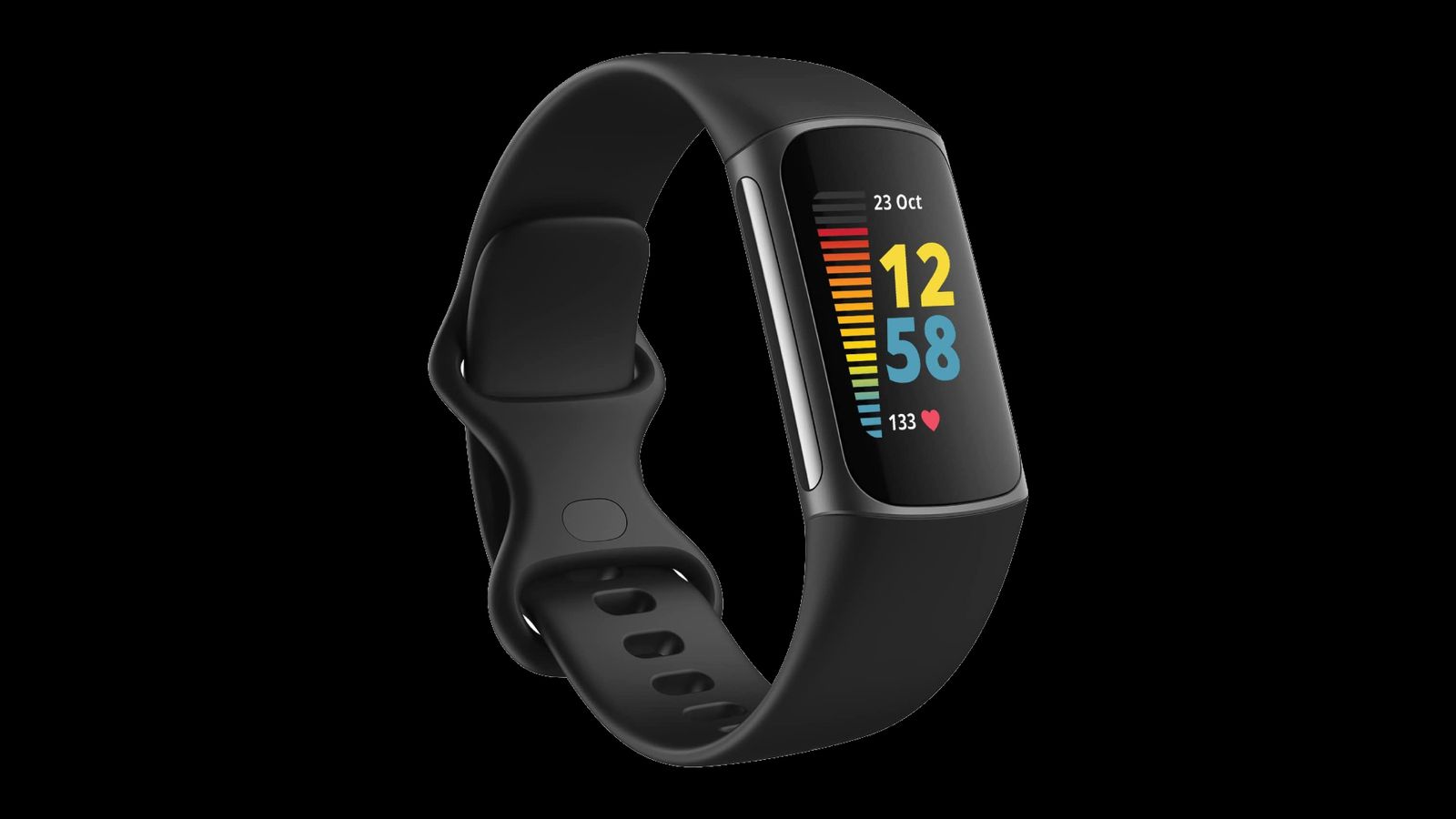 Best fitness trackers and watches - Fitbit Charge 5 product image of a black fitness band with the time and heart rate on display.