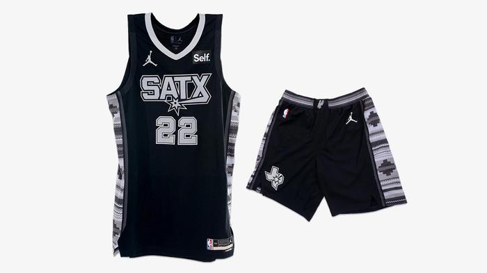 San Antonio Spurs Statement Edition Jersey product image of a black sleeveless uniform with a white and grey pattern down the sides