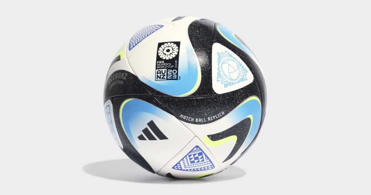 A white and black football with blue and light green trim and graphics for the FIFA Women's World Cup.