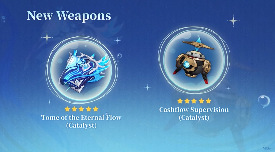 A screenshot of the new 5-star weapons revealed in the Genshin Impact 4.1 Livestream.